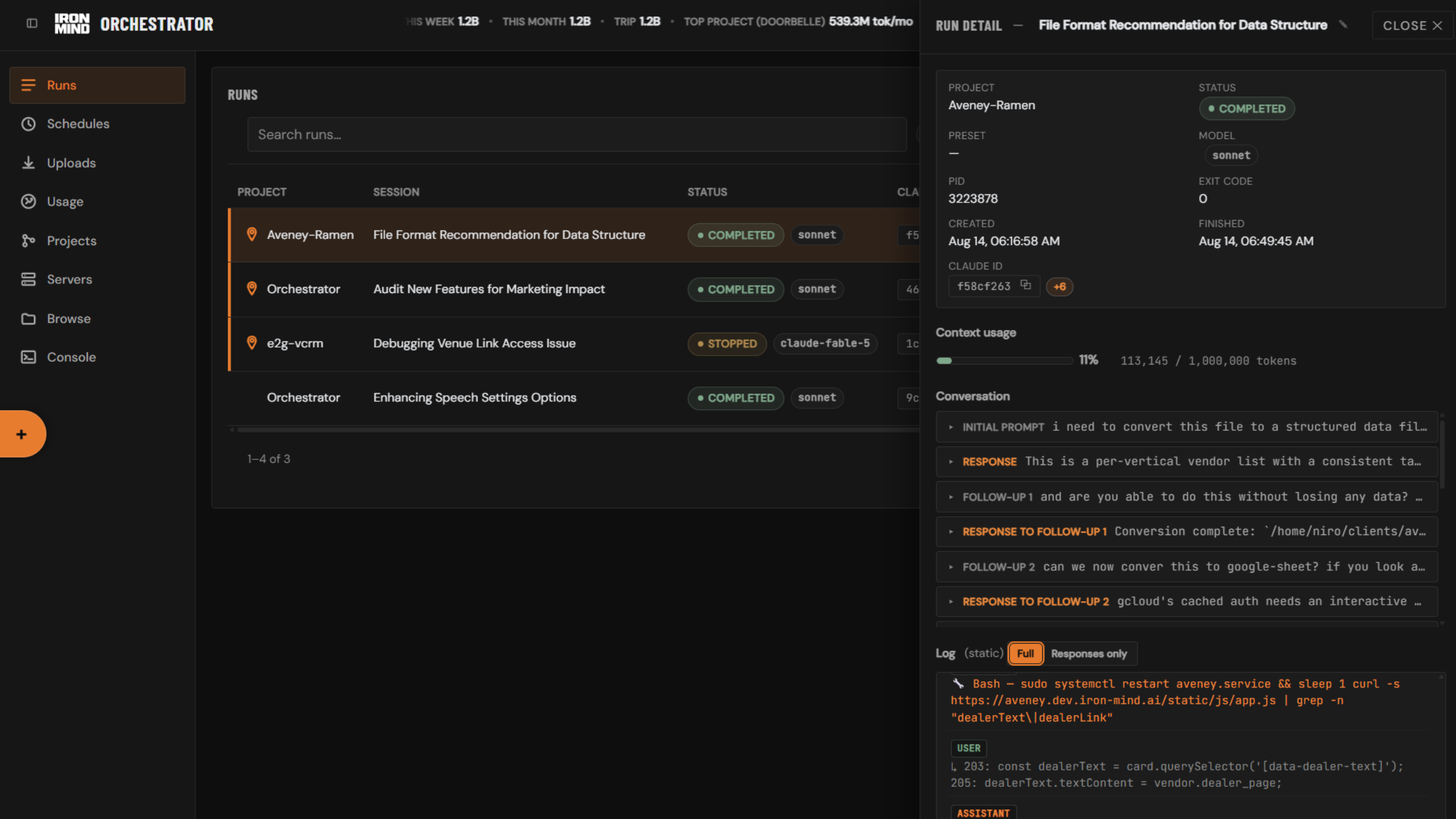 Run detail panel with conversation thread and tool log